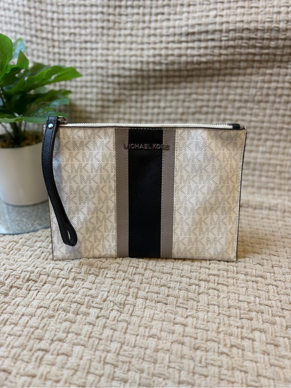 Michael Kors Beige and Black Toiletry Wristlet